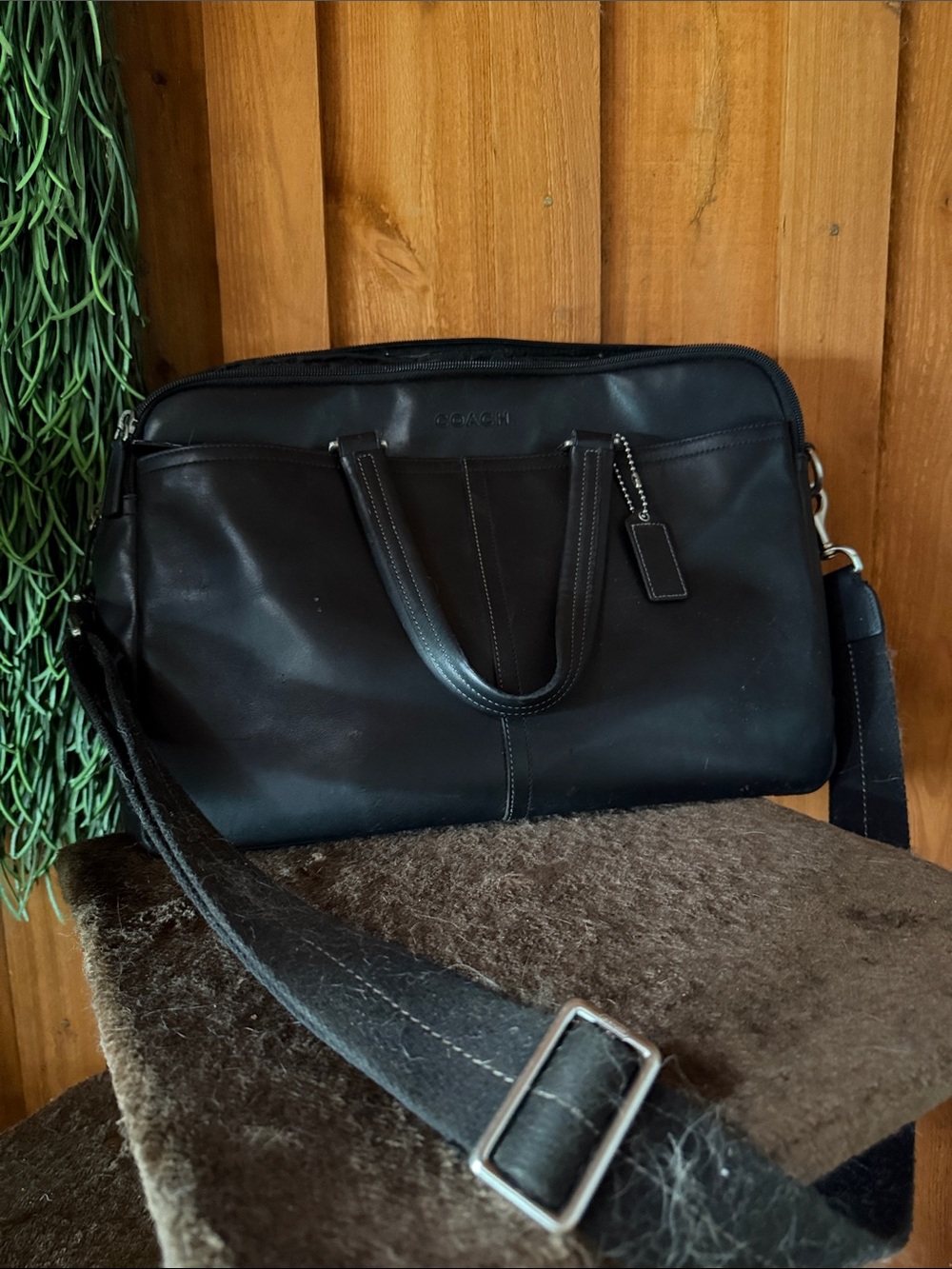 Coach Black Leather Laptop Bag with Adjustable Strap